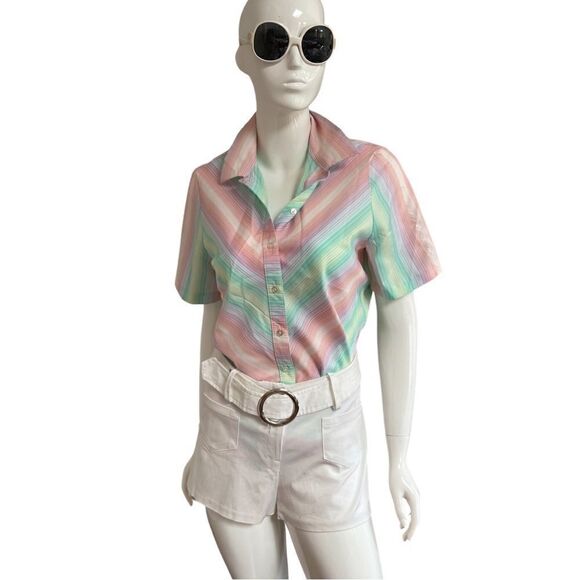 KILLER Vintage 1970s Pastel Rainbow Stripe Button Down Blouse - Picture 2 of 11